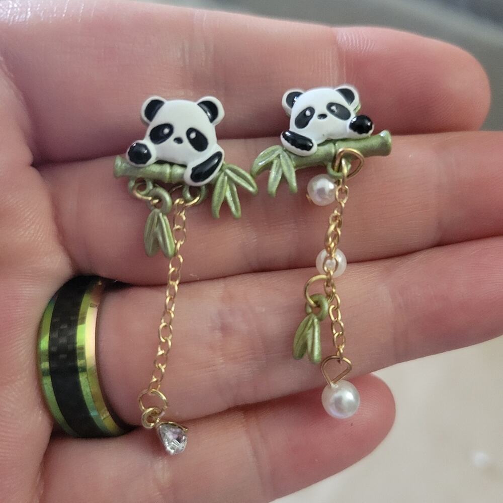 Adorable Panda On Bamboo Dangling Asymmetrical Post Earrings
